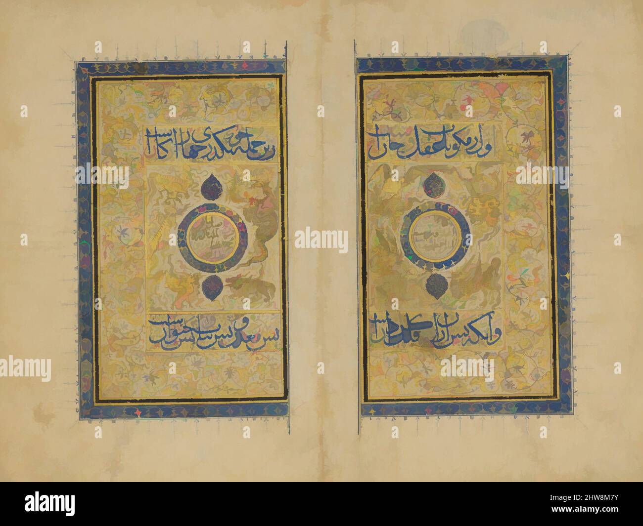 Art inspired by Double Title Page from a `Aja'ib al-Makhluqat wa Ghara'ib al-Mawjudat (The Wonders of Creation and the Oddities of Existence), 1414–35, Attributed to Iran, Shiraz, Ink, opaque watercolor, and gold on paper, Ht. 11 3/4 in. (29.8 cm), Codices, The Marvels of Creation, Classic works modernized by Artotop with a splash of modernity. Shapes, color and value, eye-catching visual impact on art. Emotions through freedom of artworks in a contemporary way. A timeless message pursuing a wildly creative new direction. Artists turning to the digital medium and creating the Artotop NFT Stock Photo